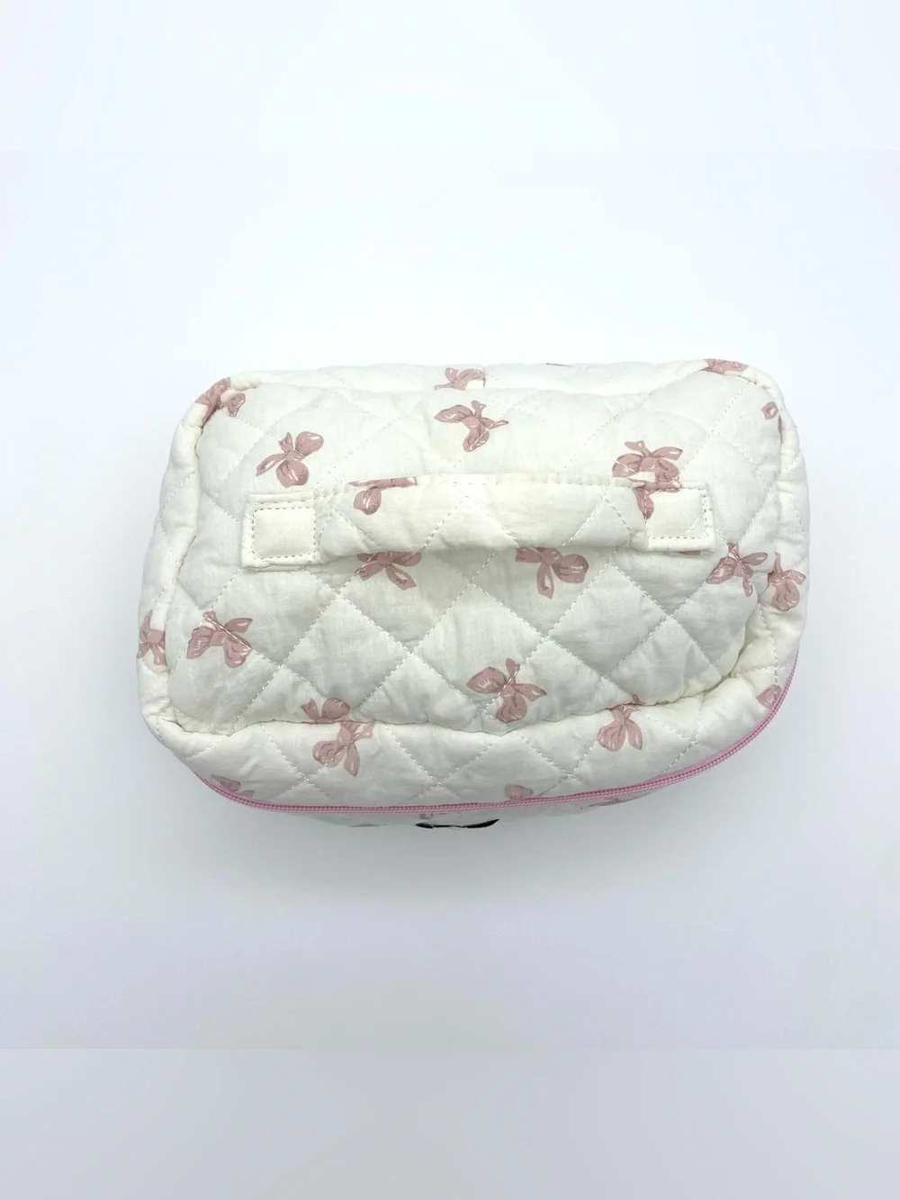 The Jolly House White Pink Bow Print Quilted Makeup Bag Zipper Handle